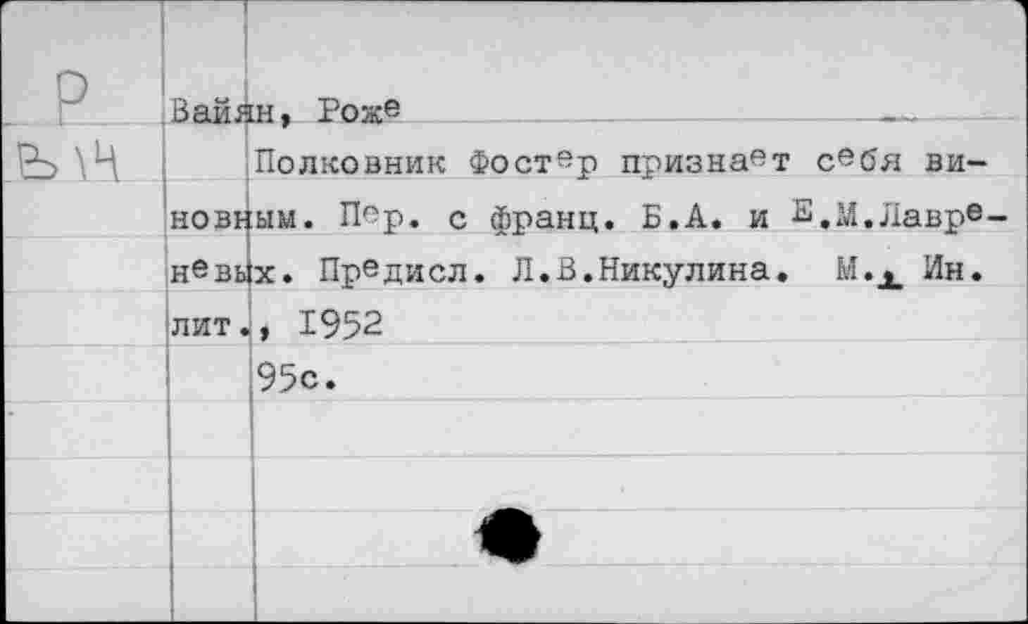 ﻿р	Вайя	1Н * Роже
		Полковник Фостер признает с®бя ви-
	новн	ьш. Пер. с франц. Б.А. и Е.М.Лавр6-
	нСвйх. ПрСдисл. Л.В.Никулина. М., Ин.	
	лит.	, 1952
95с.